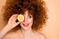 Close up photo beautiful funky she her wear no clothes lady hold hide eye behind slice lime lemon tongue out mouth look