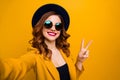 Close up photo beautiful funny funky she her toothy lady make take selfies show v-sign symbol vacation red pomade lips Royalty Free Stock Photo