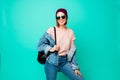 Close up photo beautiful funny her she lady modern fashionable look ready walk park meet friends fellows wear specs hat Royalty Free Stock Photo