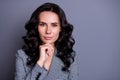 Close up photo of beautiful girl touching her chin having thoughts about company wearing blazer jacket isolated over