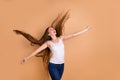 Close up photo beautiful her she lady hands arms raised eyes closed overjoyed weather warm wind breeze hair flight