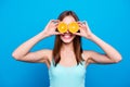 Close up photo beautiful she her lady hold orange slices hiding eyes toothy beaming smile love new method cure skin Royalty Free Stock Photo