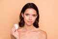 Close up photo beautiful she her lady morning shower bathroom take make-up down check test watch skin condition use new