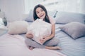 Close up photo beautiful she her little girl sitting bed sunday weekend morning hold present box hugging it my precious Royalty Free Stock Photo