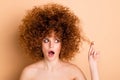 Close up photo beautiful she her wear no clothes nude lady displeased show new stylist hairdo curls fashion procedure Royalty Free Stock Photo