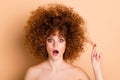 Close up photo beautiful she her wear no clothes nude lady displeased show new stylist hairdo curls fashion procedure Royalty Free Stock Photo