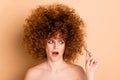 Close up photo beautiful she her wear no clothes nude lady displeased show stylist hairdo curls procedure stylist perms Royalty Free Stock Photo
