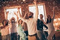 Close up photo best friends hang out dancing great time drunk birthday sing singer hands arms raised up shout she her Royalty Free Stock Photo