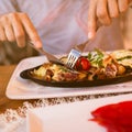 Close up photo of big food dish in restaraunt