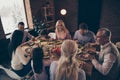 Close up photo big large family thanksgiving conversation talk chat members brother sister granny mom dad grandpa little Royalty Free Stock Photo