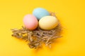 Close up photo of birds nest easter eggs over yellow background Royalty Free Stock Photo