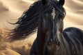 A close up photo of a black stallion against a sandy backdrop Royalty Free Stock Photo