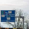 Close up photo of a blue road information board. Sibiu, Romania, 2019