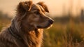 Close up photo of brown basque shepherd dog sit and look straight forward with nature background