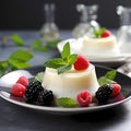 Buttermilk Panna Cotta with Berries and Vanilla Sabayon. Generative AI