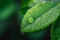 A close-up photo capturing the natural beauty of a green leaf covered in sparkling water droplets, Close-up shot of a dew drop on Royalty Free Stock Photo