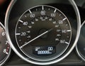 A close-up photo of a car speedometer showing equal mileage