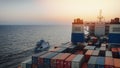 Close-up photo of a cargo ship Shipping containers in the blue sea