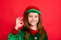 Close up photo of charming elf kid in green hat with long red head haircut showing ok sign recomme3nd eve noel event Royalty Free Stock Photo