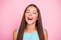 Close up photo of charming nice youngster model having makeup closing eyes opening mouth blue-sky thinking about future Royalty Free Stock Photo