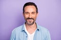 Close up photo of cheerful candid guy look have fun with his family wear denim jeans clothing isolated over purple color