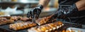 Chef Grilling Meat With Black Gloves