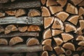 Close up photo of chumps of wood - symmetric stored. Dark textured and stacked firewood background