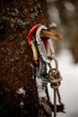 Close up photo of climbing equipment for a mountain trip or rescue