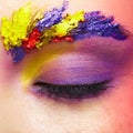 Close-up photo of closed female eye with unusual art make-up and face painting on brows and around eye Royalty Free Stock Photo