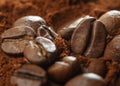 Close up photo of Coffee beans and ground coffee.