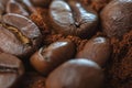 Close up photo of Coffee beans and ground coffee.