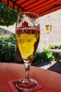 Close up photo of a cold and refreshing Kirner Beer, famous in the Mosel River Valley region of Germany.