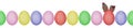 Close up photo of colorful painted Easter eggs with eggshell texture arranged in a row. One egg with textile bunny ears. Royalty Free Stock Photo