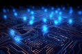 A close-up photo of a computer circuit board illuminated by blue lights, Technology background vector abstract futuristic circuit Royalty Free Stock Photo