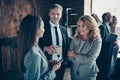 Close up photo confident business people excited she her mature boss lady he him his conversation telephone hands arms