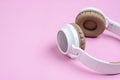 Close-up photo of cool headphone on pink background. Music concept Royalty Free Stock Photo