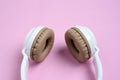 Close-up photo of cool headphone on pink background. Music concept Royalty Free Stock Photo