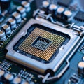 Close-up photo of a CPU socket on a computer motherboard with pins and capacitors in sharp focus, symbolizing modern Royalty Free Stock Photo