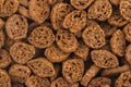 Close up photo of crispy rye crouton bread biscuits. Top view high resolution macro photo
