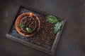 Close-up photo of cup with aroma coffee beans and fresh green leaves in frame on black table background Royalty Free Stock Photo