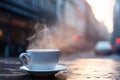 Close-up photo of a cup of hot coffee, tea with steam on the street. Cold days, damp weather. Mood and concept of autumn or early
