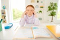 Close up photo of cute adorable disappointed kid upset close eyes want sleep no knowledge sit dressed white blouse shirt