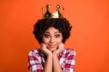 Close up photo of cute nice lady gold crown head famous person coronation wear casual plaid checkered shirt isolated