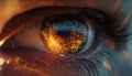 Close up photo of cybergirl Humanoid robot eyeball with digital pixels and symbols inside Cornea. Artificial intelligence AI and