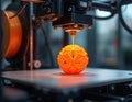 Close up photo of 3D printer creating object. Orange plastic material forms sphere shape. Tech equipment creates product at Royalty Free Stock Photo