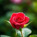 close up photo delicate red rose dew coated petals central stamen in sharp focus surrounded