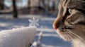 A close-up photo of a delicate snowflake on the tip of a cat\'s pink nose.