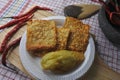 Close up photo of delicious Asian food, the Indoensian food gorengan: fried tempe or tempeh