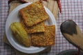Close up photo of delicious Asian food, the Indoensian food gorengan: fried tempe or tempeh