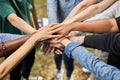 Close-up photo of diverse people`s hands gathered together Royalty Free Stock Photo